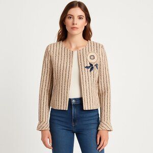 MISA NOEMIE Tweed Floral Embroidered metallic full zip‎ jacket bell sleeve XS